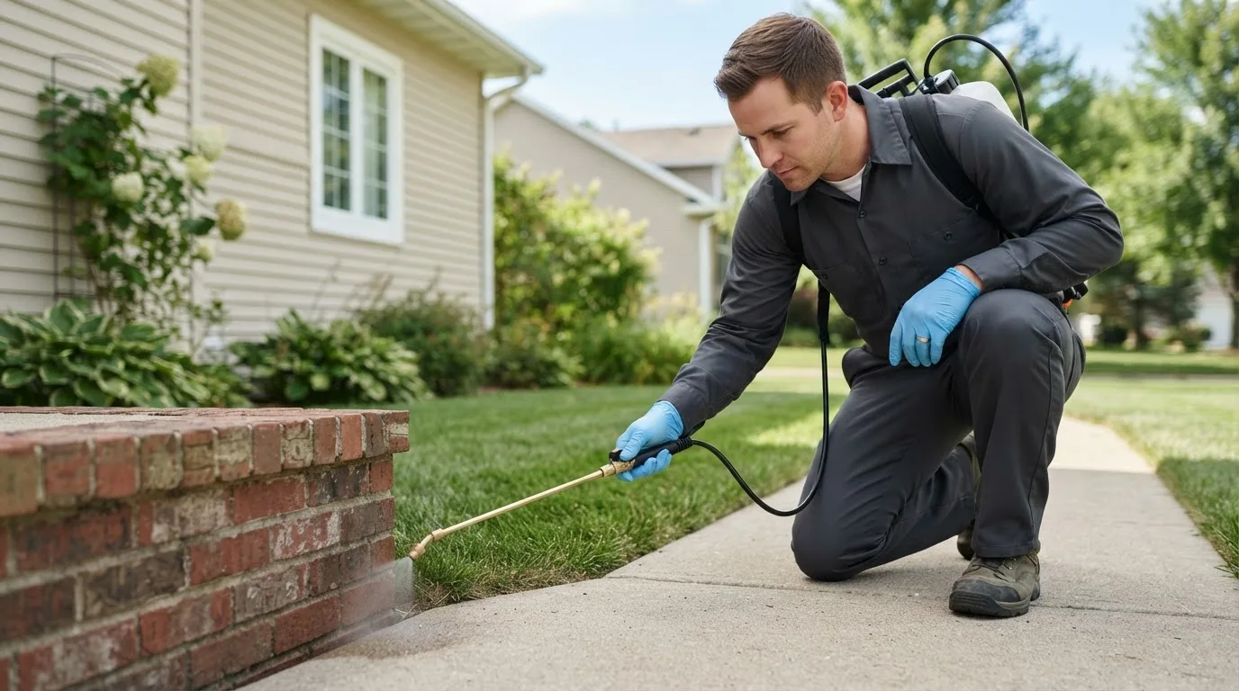 Pest control technician treating a home near Huntingdon, TN